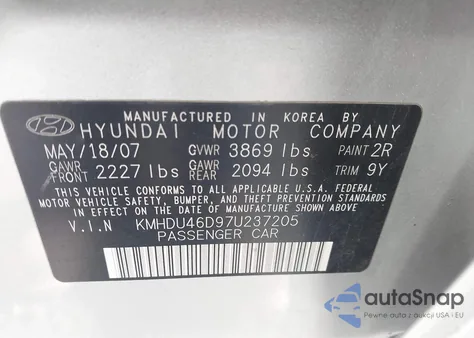 2007 Hyundai Elantra Gls/Limited/Se z USA, uszkodzony, nr VIN KMHDU46D97U237205